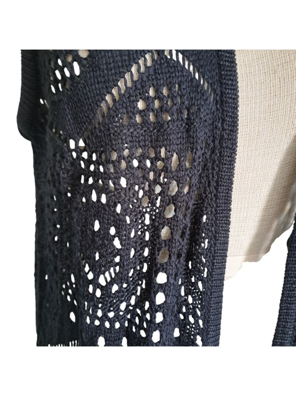 CHELSEA & THEODORE long knit duster black knit open front BOHO sleeveless Vest M - Picture 3 of 5